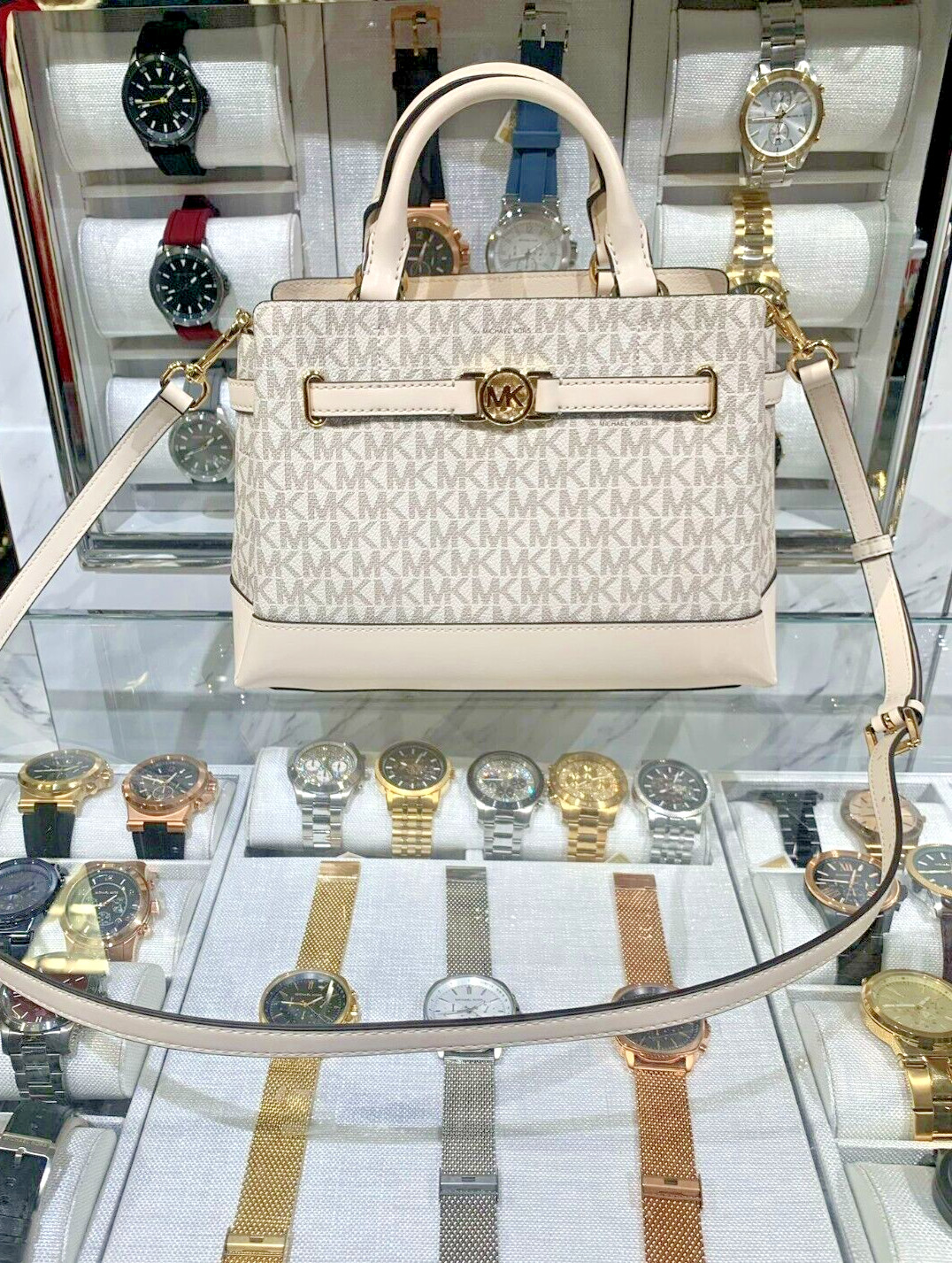 Michael Kors Reed Small Logo Belted Crossbody Satchel Handbag(Light Cream Multi)