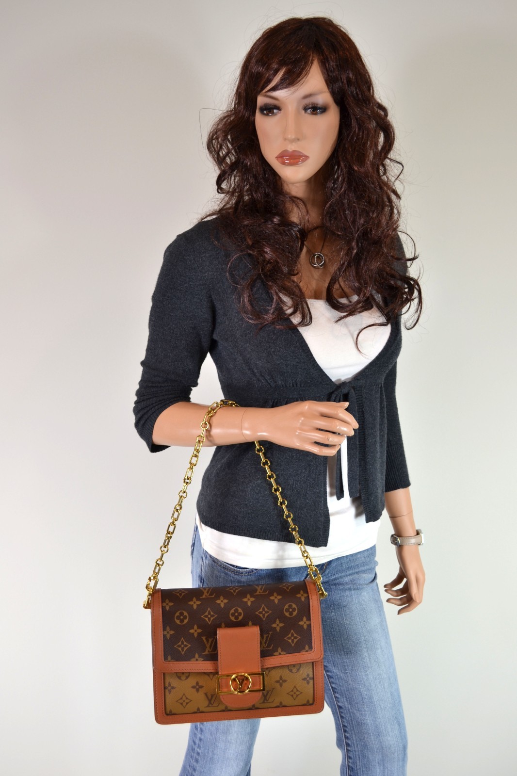 Louis Vuitton Dauphine MM Reverse Monogram Chain Shoulder Bag Handbag Purse
