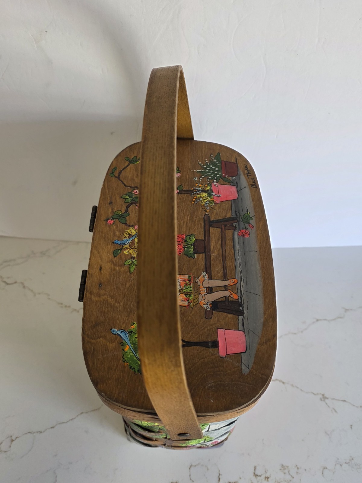 Vintage Alice Thorn Hand Painted for Saks 5th Avenue Wooden Basket / Handbag