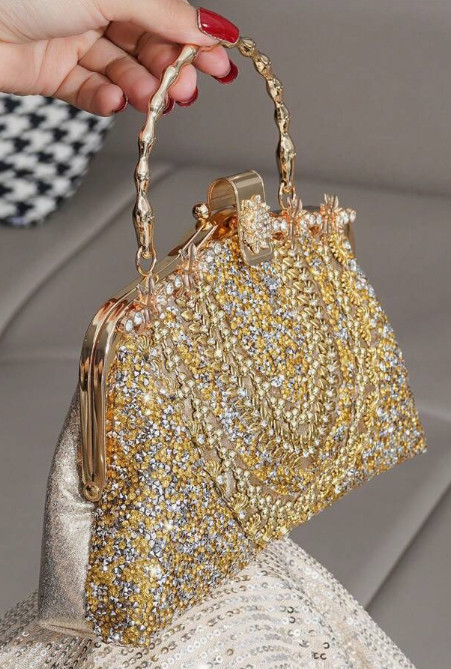 EVENING BAG- Gold Tone Rhinestone Decorated Metal Handle Clutch Purse, Luxury El