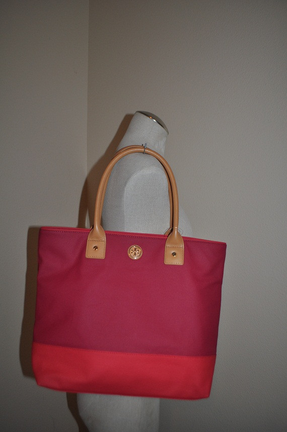 NWOT Tory Burch JAYDEN Dipped Canvas Leather Tote Medium Bag Red Auburn Carmine