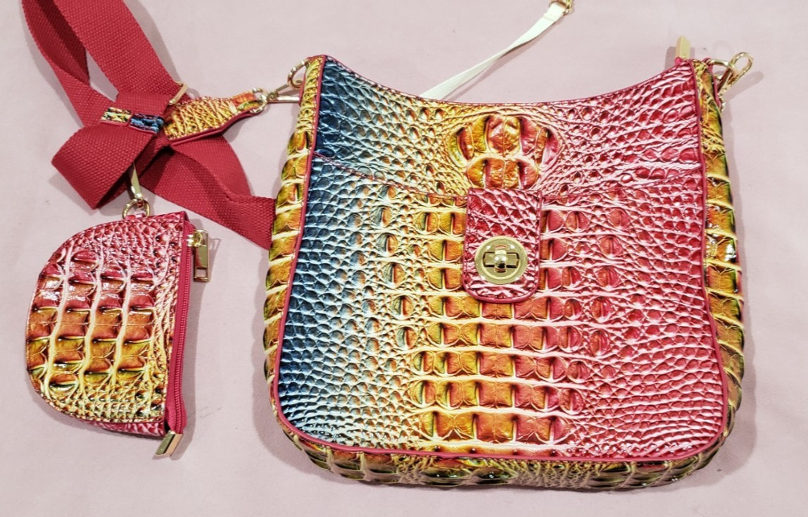 Lady’s Gradient Pink/Blue Faux Leather Crocodile Crossbody & Coin Purse