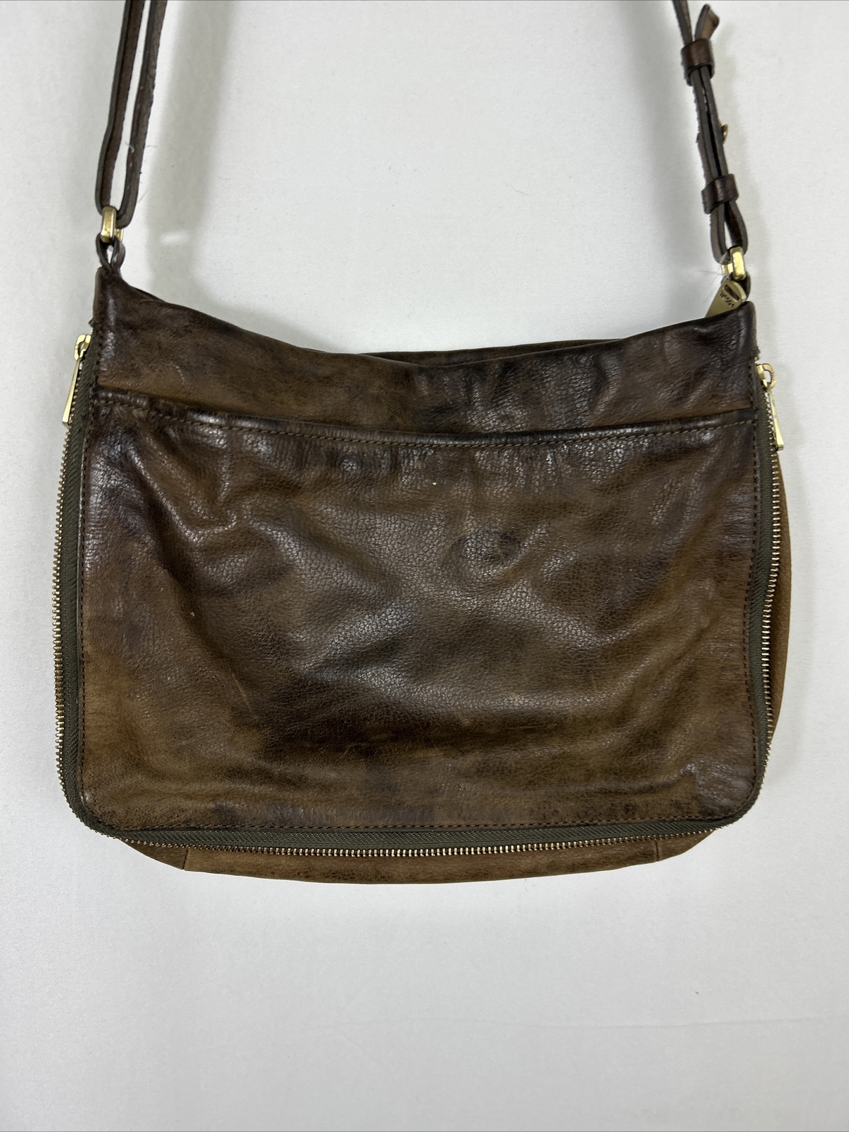 Brown Pebbled Leather Piper Fossil Expandable Crossbody 12x9x1-3 Adjustable