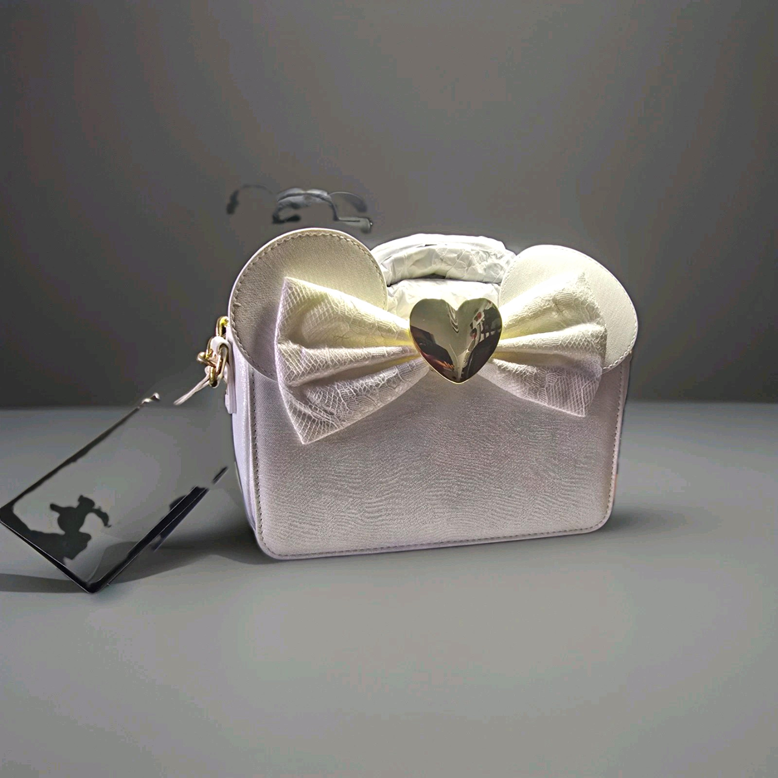 Loungefly Disney Minnie Mouse Mini Crossbody Bag Purse, White with Bow & Heart