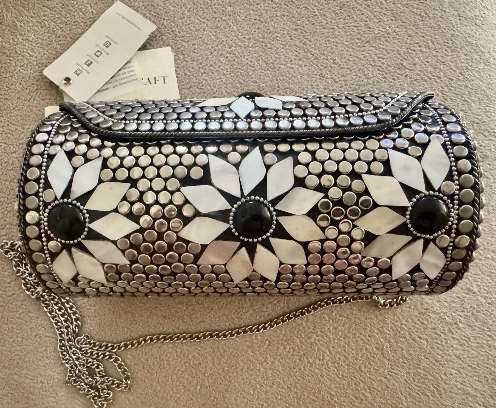 Antik Kraft Mother of Pearl Cylinder Tube Handbag with Metal Chain Mosaic Boho