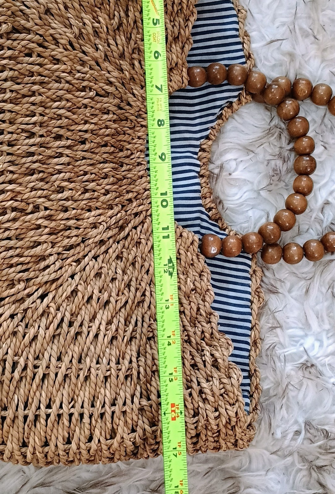 Large Woven Straw Rattan Beach Bag Tote Purse Half Moon Wood Bead Handle Lined