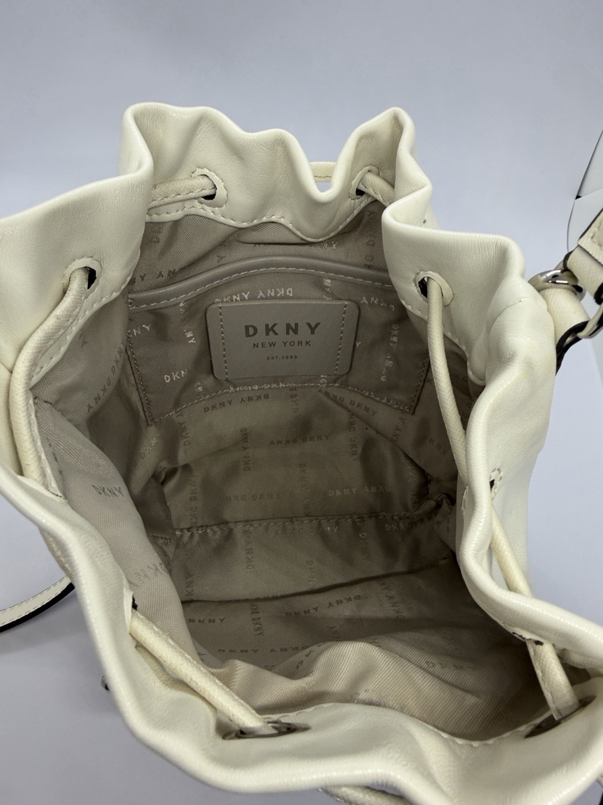 DKNY Cream Drawstring Crossbody Bucket Bag