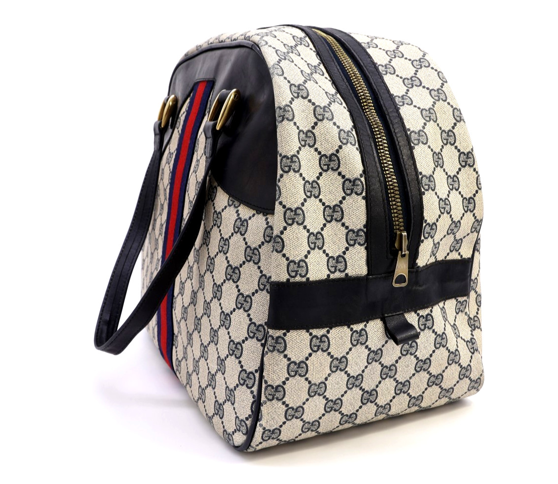 GUCCI VINTAGE Web Stripe Handbag Boston GG Supreme Navy Rare Large Authentic