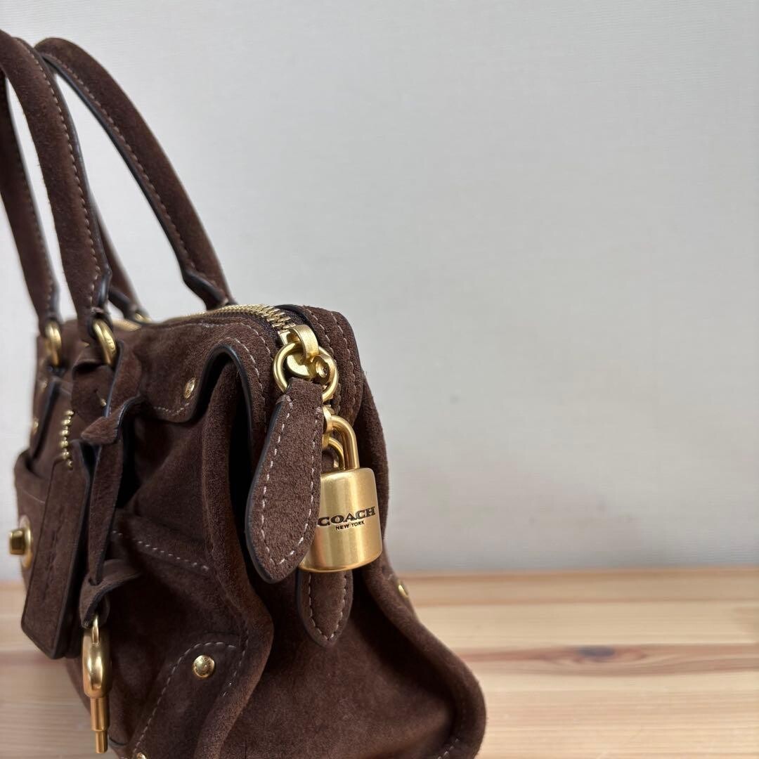 Coach Ryder Satchel Bag 24 Dark Chocolate Suede 2 Way 3 Way Brass Auth