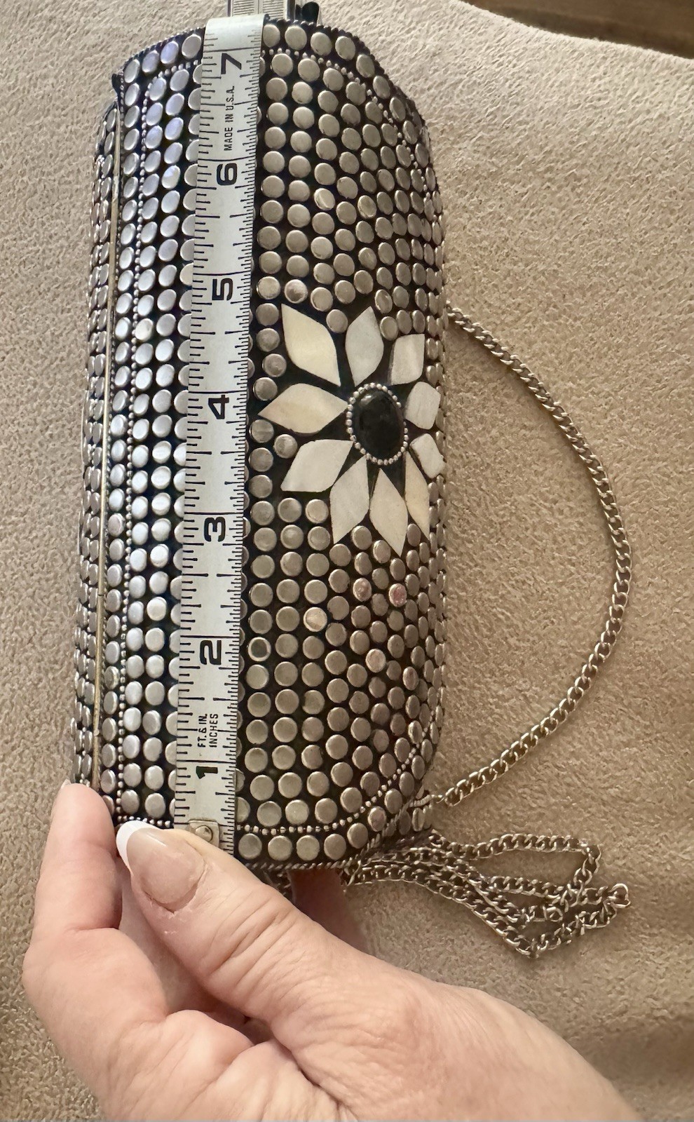 Antik Kraft Mother of Pearl Cylinder Tube Handbag with Metal Chain Mosaic Boho