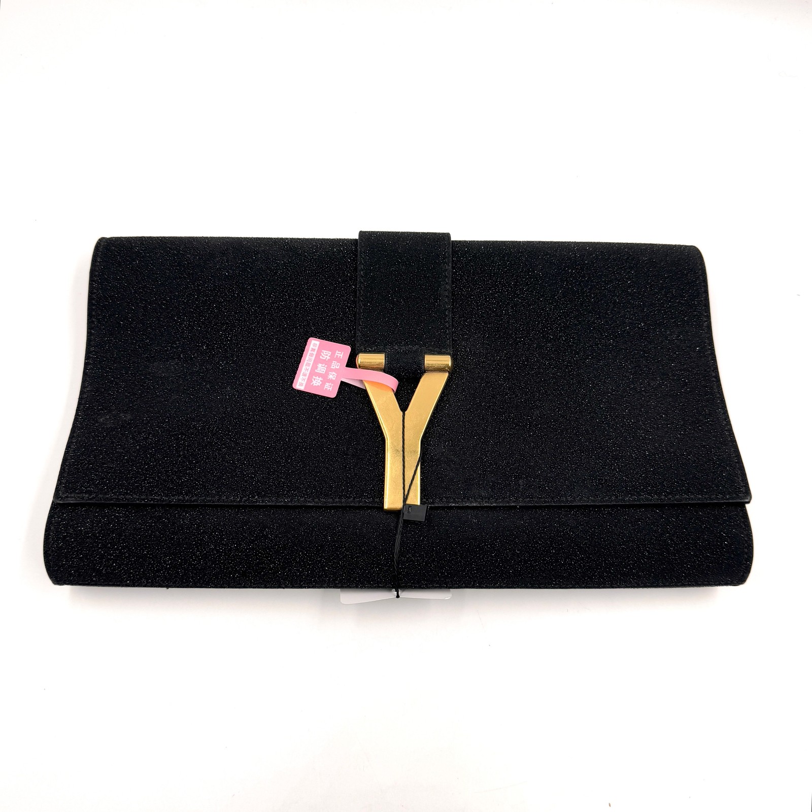 Pre-Owned Saint Laurent YSL Chyc Ligne Y Clutch Black Glitter Leather