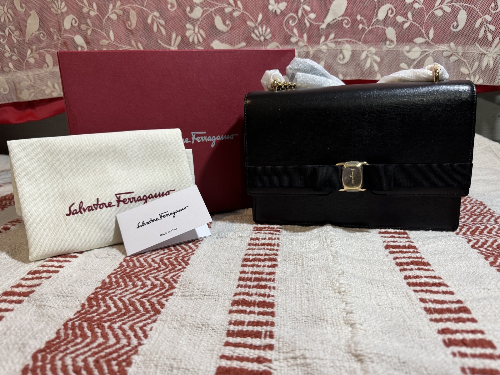 Salvatore Ferragamo Vara Bow Chain Flap Bag – Black Leather (NWT in Box)