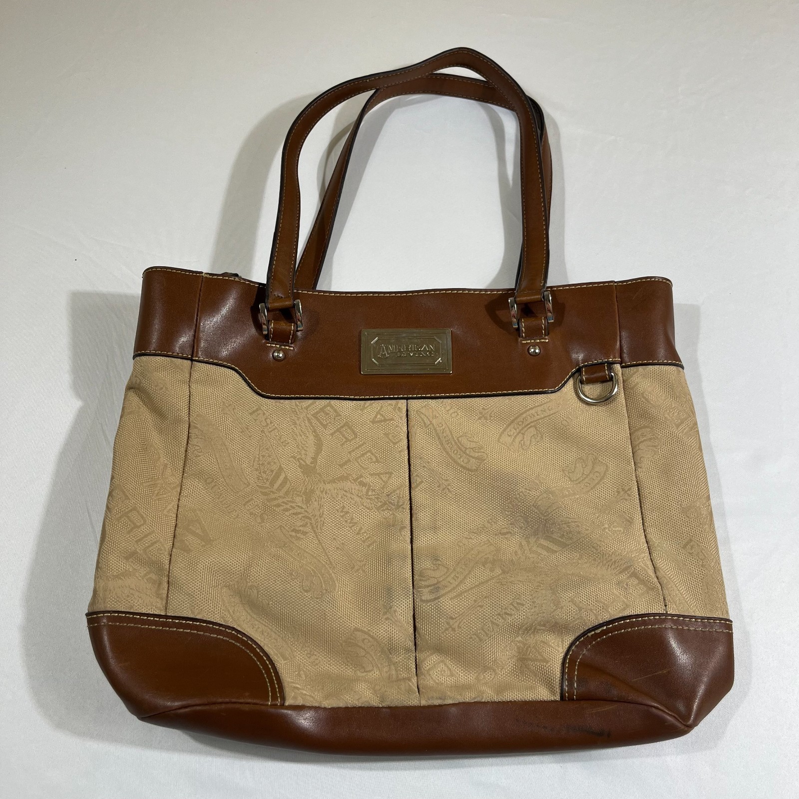 American Living Brown Leather Trim Canvas Tote Shoulder Bag Medium Structured
