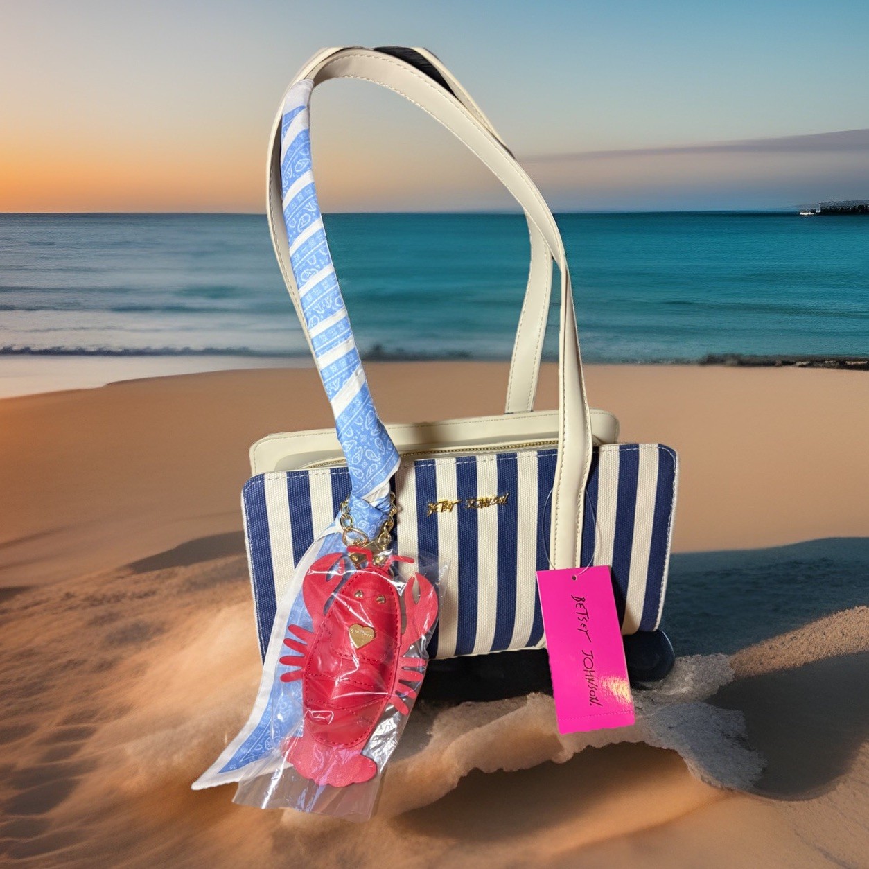 NEW! Betsey Johnson Nautical Crossbody Bag W/large Lobster Charm Navy Stripe $94