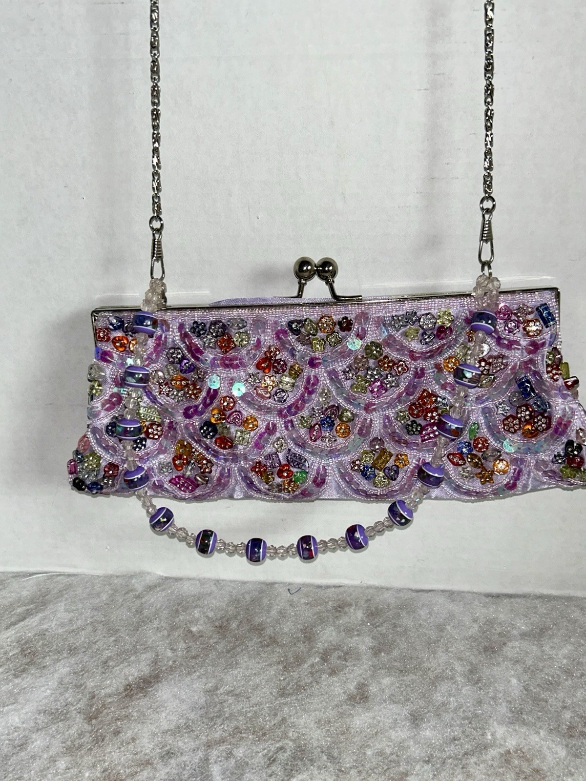 Far Nine Y2K Beaded Evening Clutch Purse Lavender Sequin Shoulder Bag 46” Chain