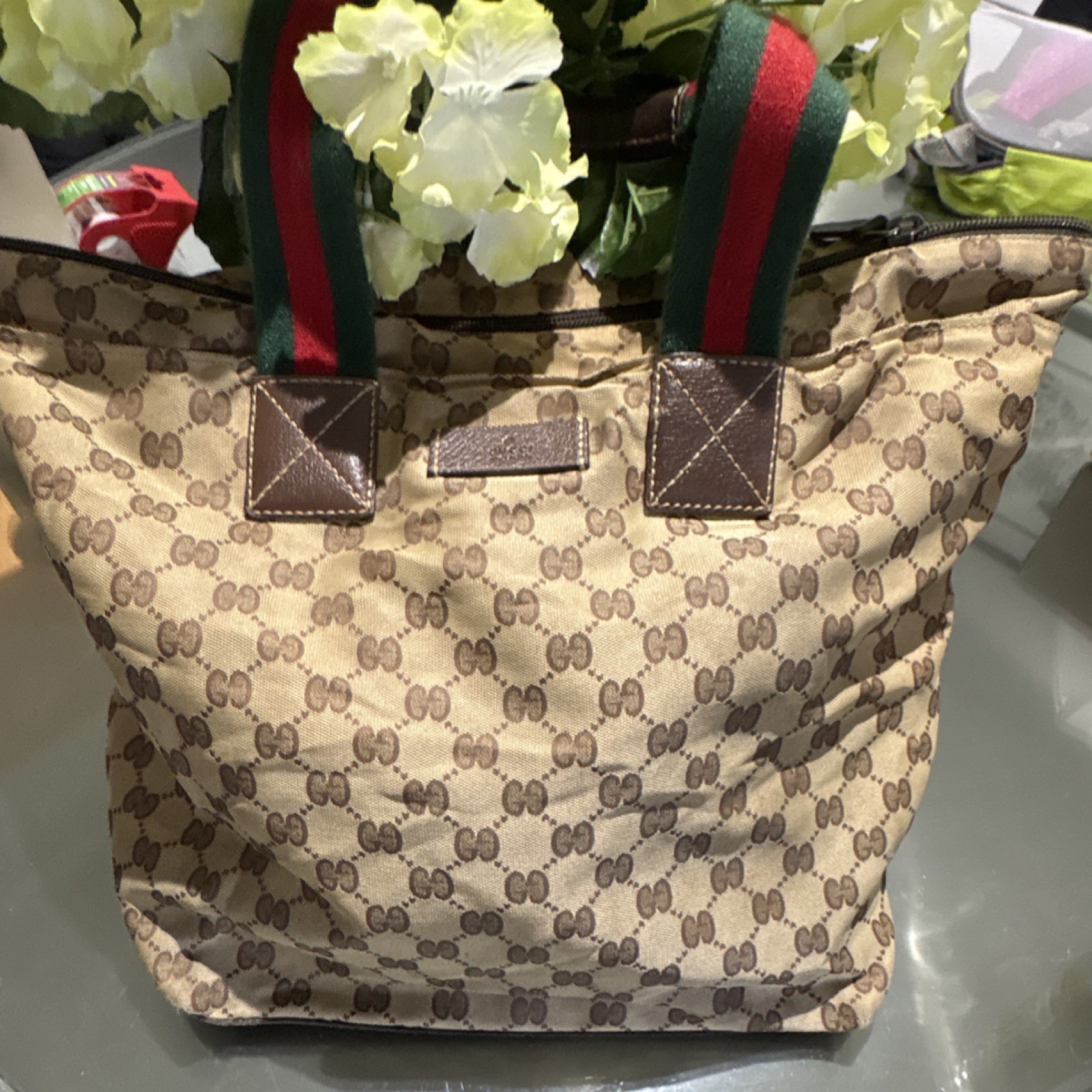 Gucci GG Beige Brown Tote Bag, Green Red Double Handles, Logo Accent