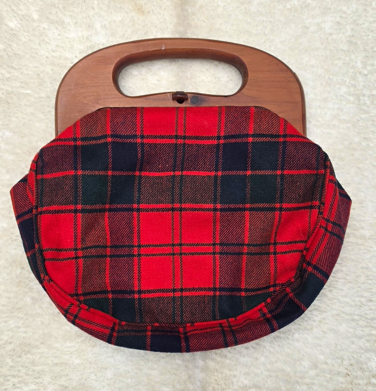 Vintage Bermuda Bag by Smith’s Red Plaid Tartan Wood Handle Purse Interchangable