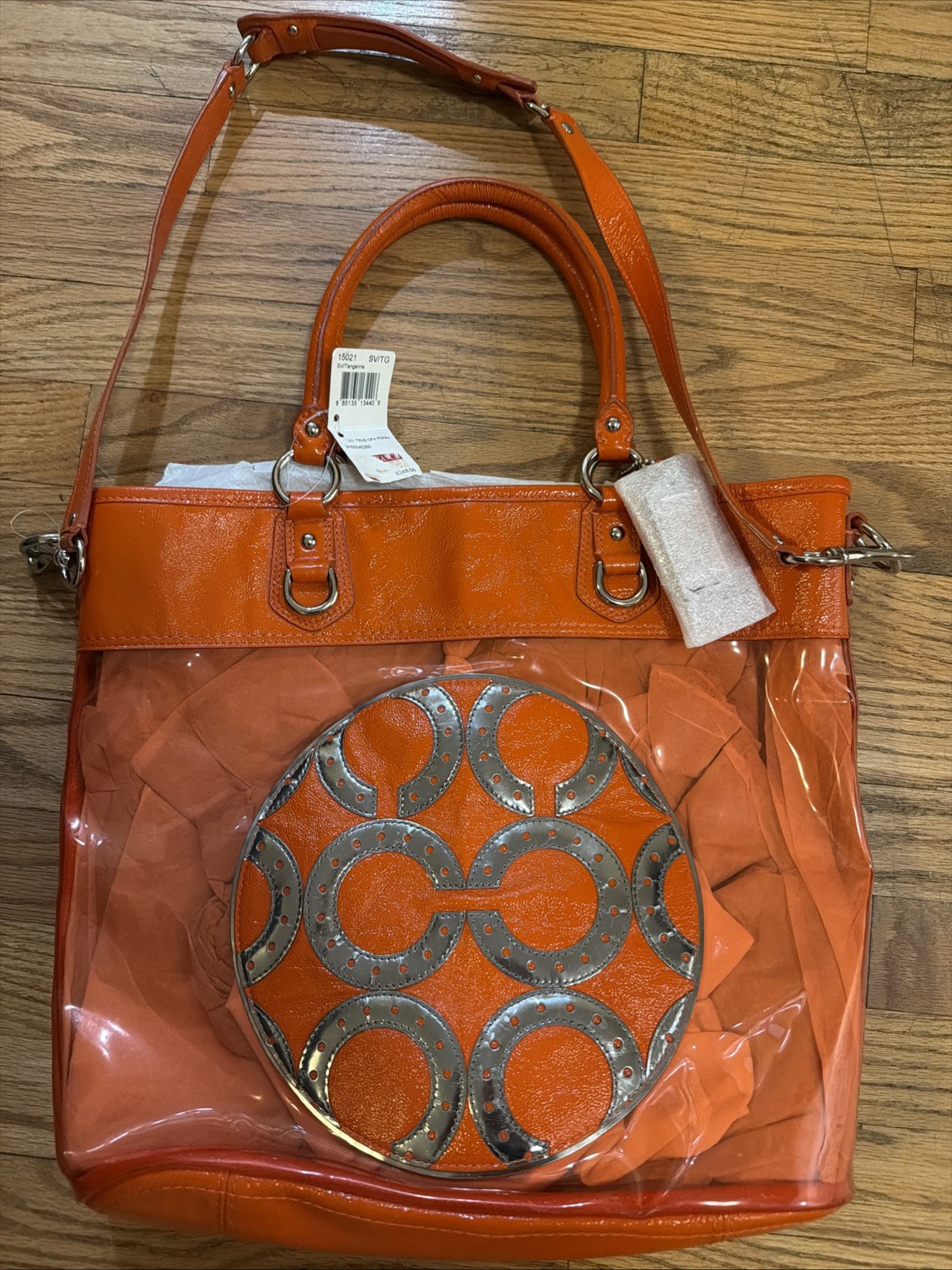 New Coach 15021 Transparent Clear Red Tote Colette Plastic Beach Bag Tangerine
