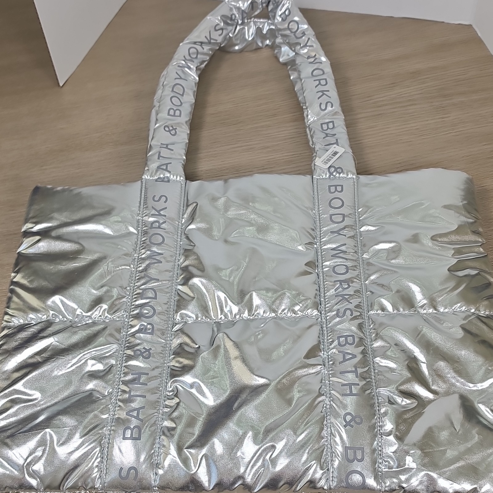 Bath & Body Works Silver Metallic Puffer Tote Bag Lightweight Open Travel