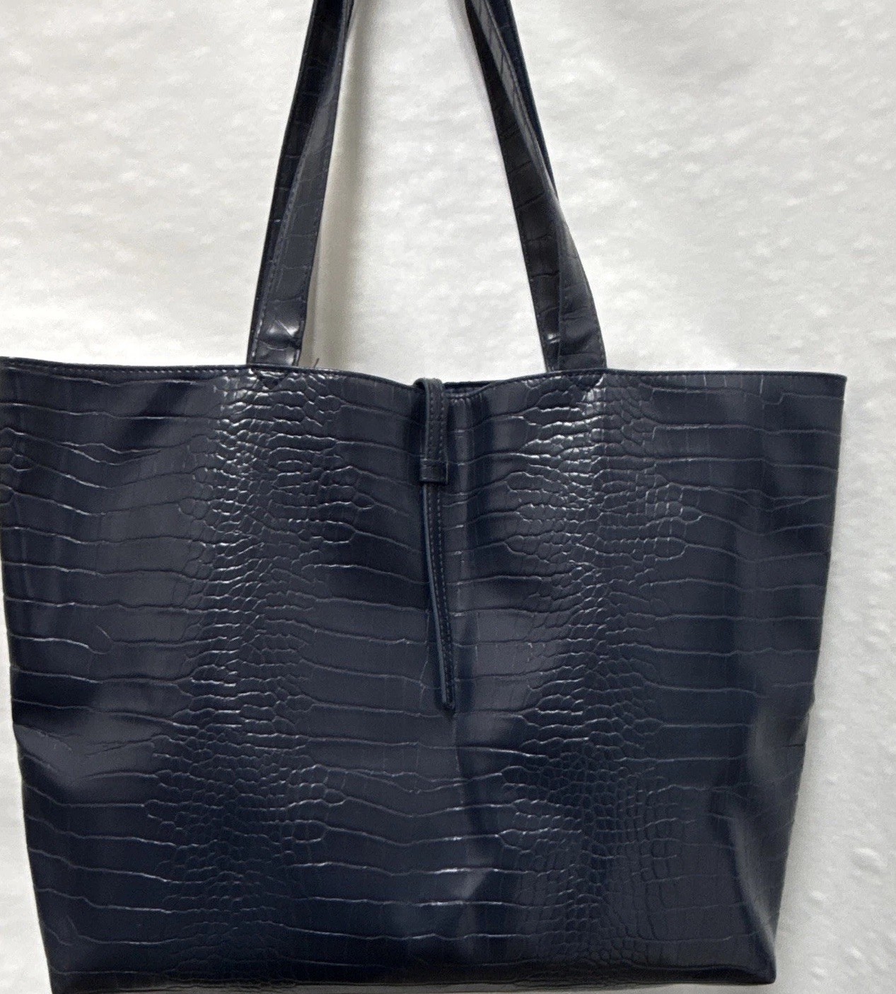 Women’s Navy Crocodile Embossed Tote Bag Double Handles Open Top Lined