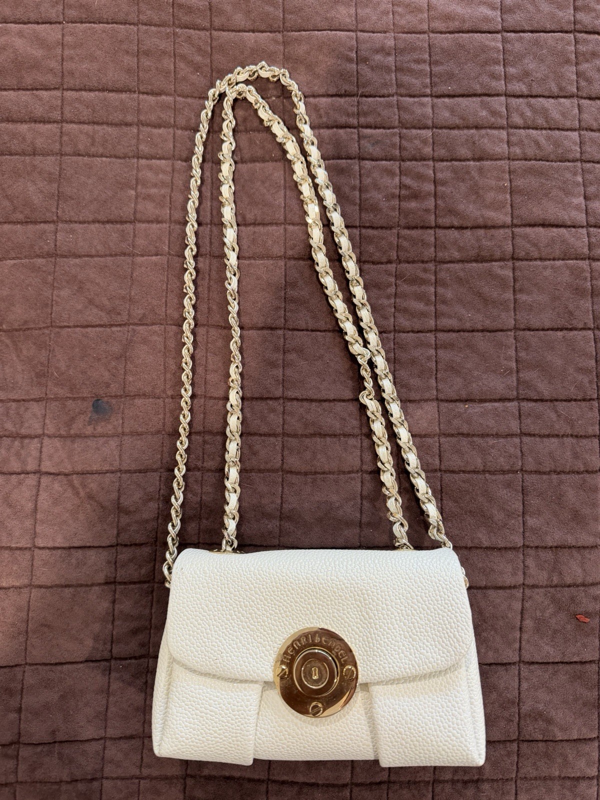 Henri Bendel Leather White Small Shoulder Bag Turn Lock Gold Chain Strap