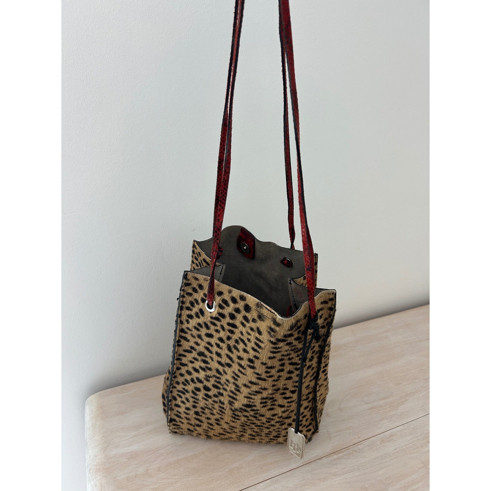 VTG Harold Powell Leopard Calf Hair Crossbody Bag Red Snakeskin Trim with Pouch