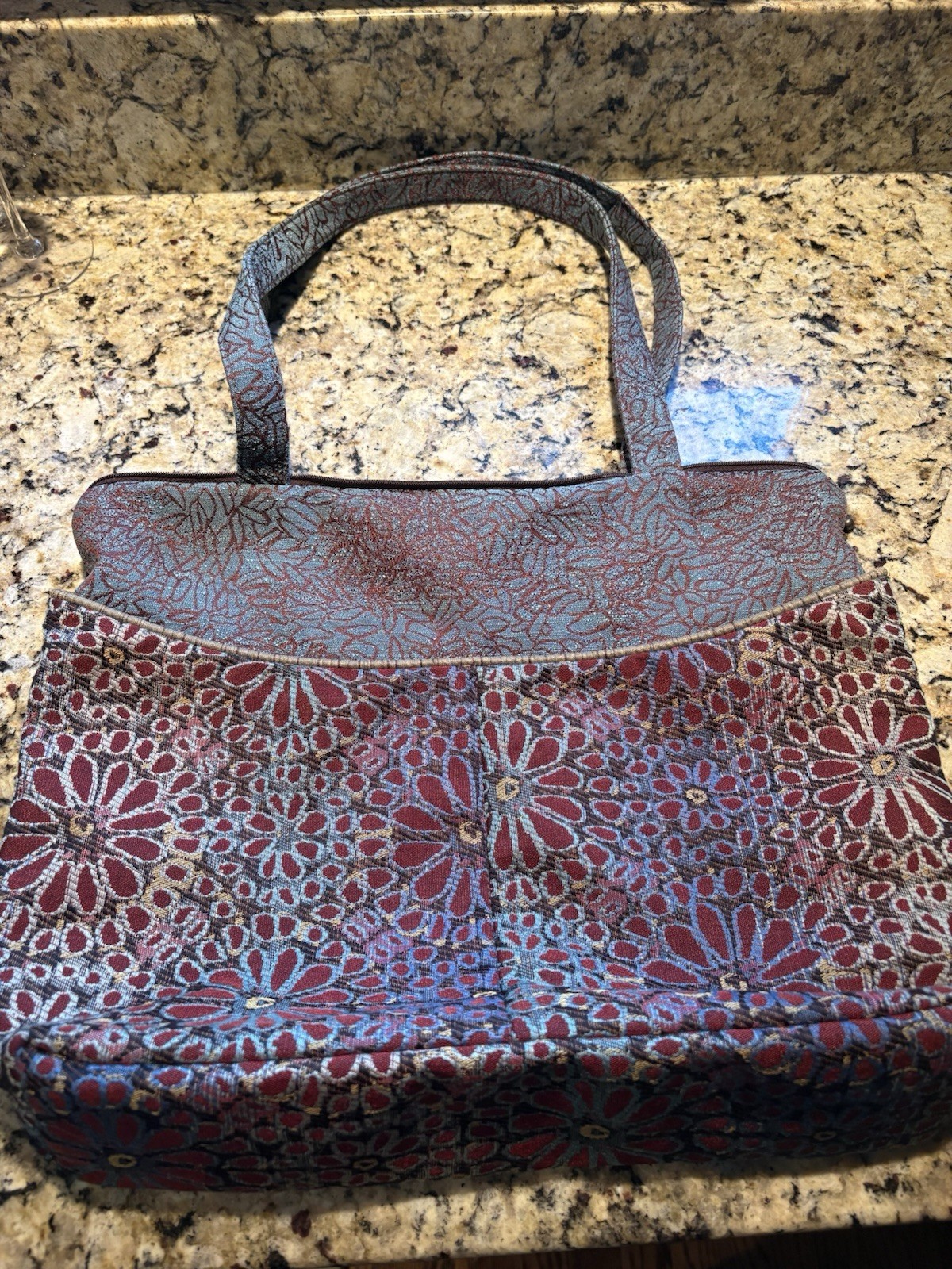 Maruca Handmade Floral Red/Blue/Brown Medium Handbag Zip Lined Detachable Strap