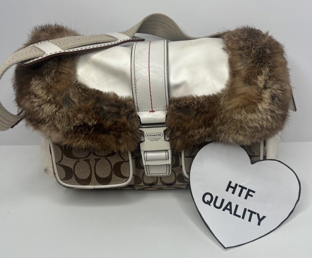 Y2K Coach Rabbit Fur Trim Shoulder Bag Canvas Ski Flap 3590 Jacquard Fabric