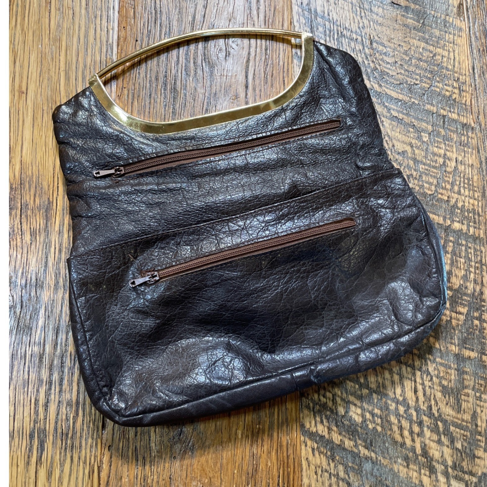 Vintage Neiman Marcus Dark Brown Pebbled Leather Clutch Gold Metal Top Handle