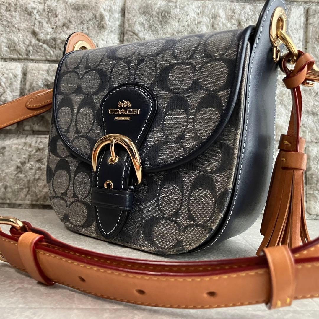 Rare Good Condition Coach Cleo Shoulder Bag Denim Signature C8512