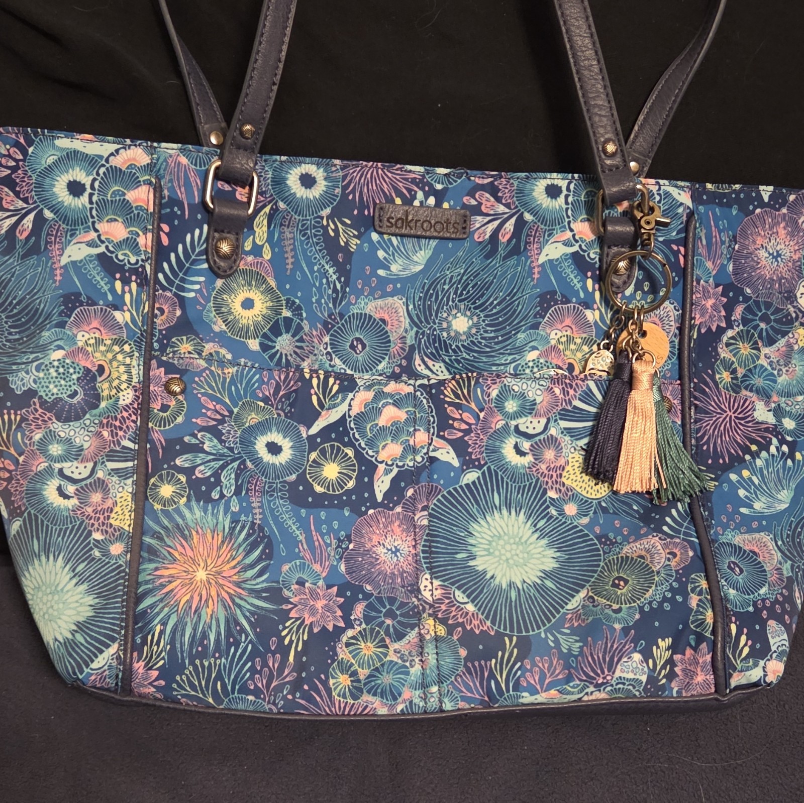 Sakroots Blue Pink Green Floral Tote Double Handles Zip Top Pockets Lined Charm
