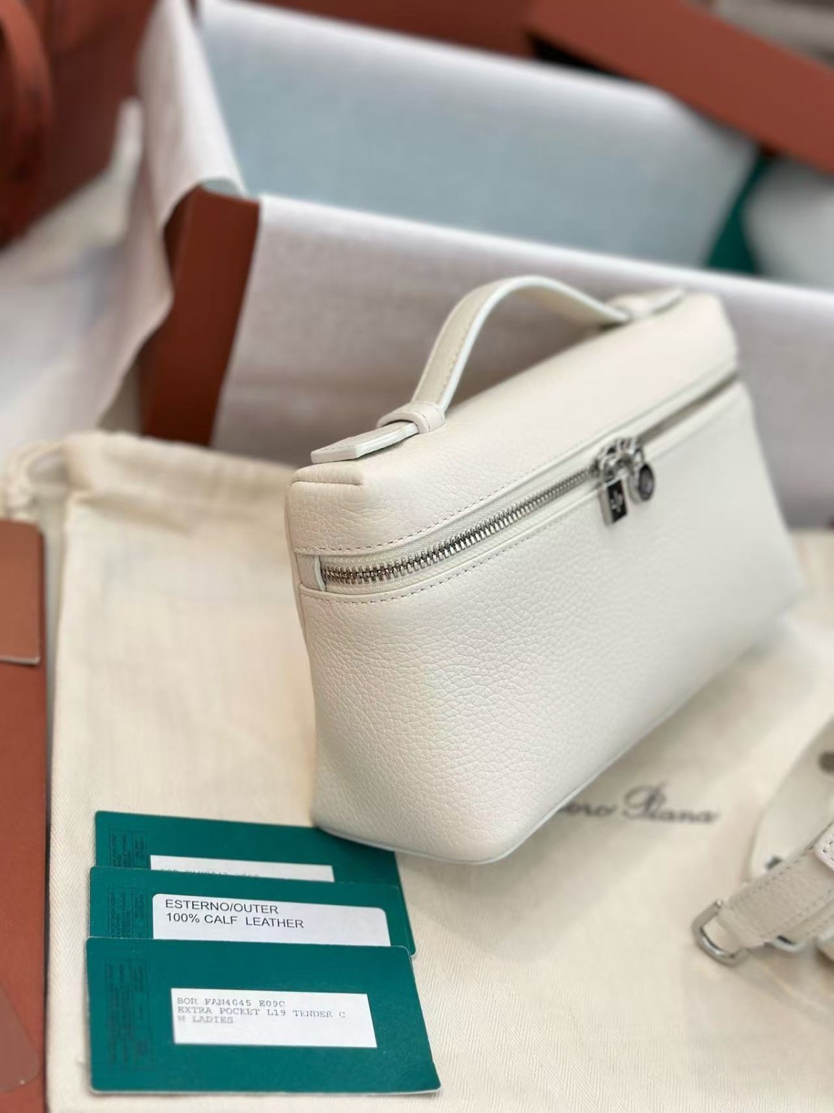 Loro Piana Extra Pocket L19 Makeup Bag, Ivory White, Velvet Leather, GHW
