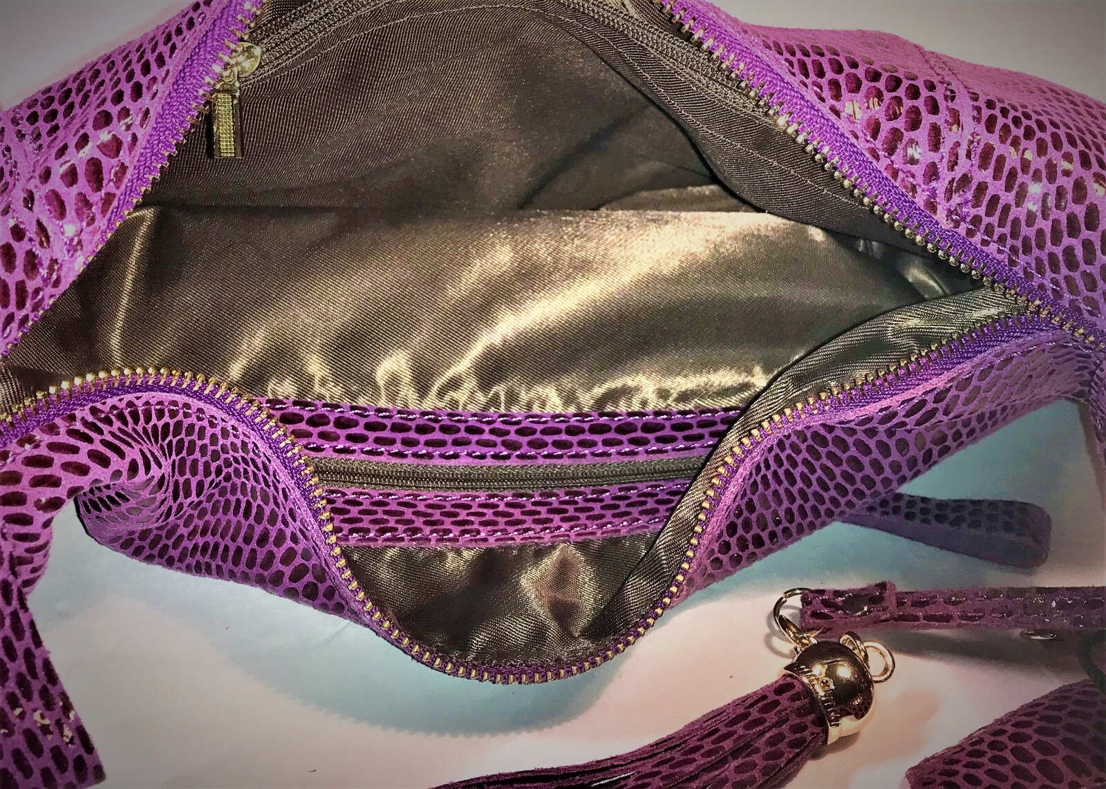 Bright Purple Shiny Soft Leather Shoulder Bag Large New