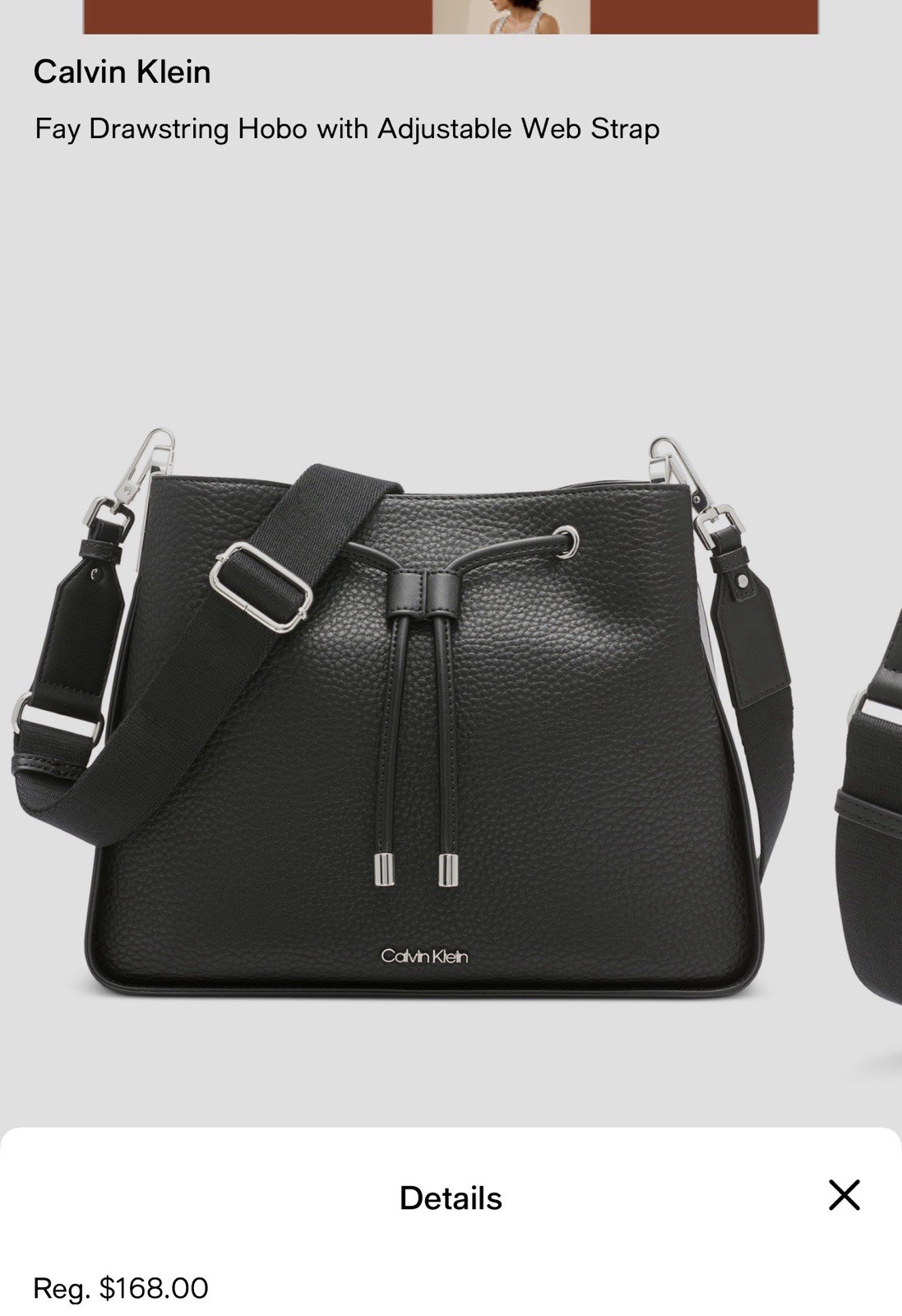 Calvin Klein Fay Drawstring Hobo Bag, Adjustable Strap, Black, Silver HW