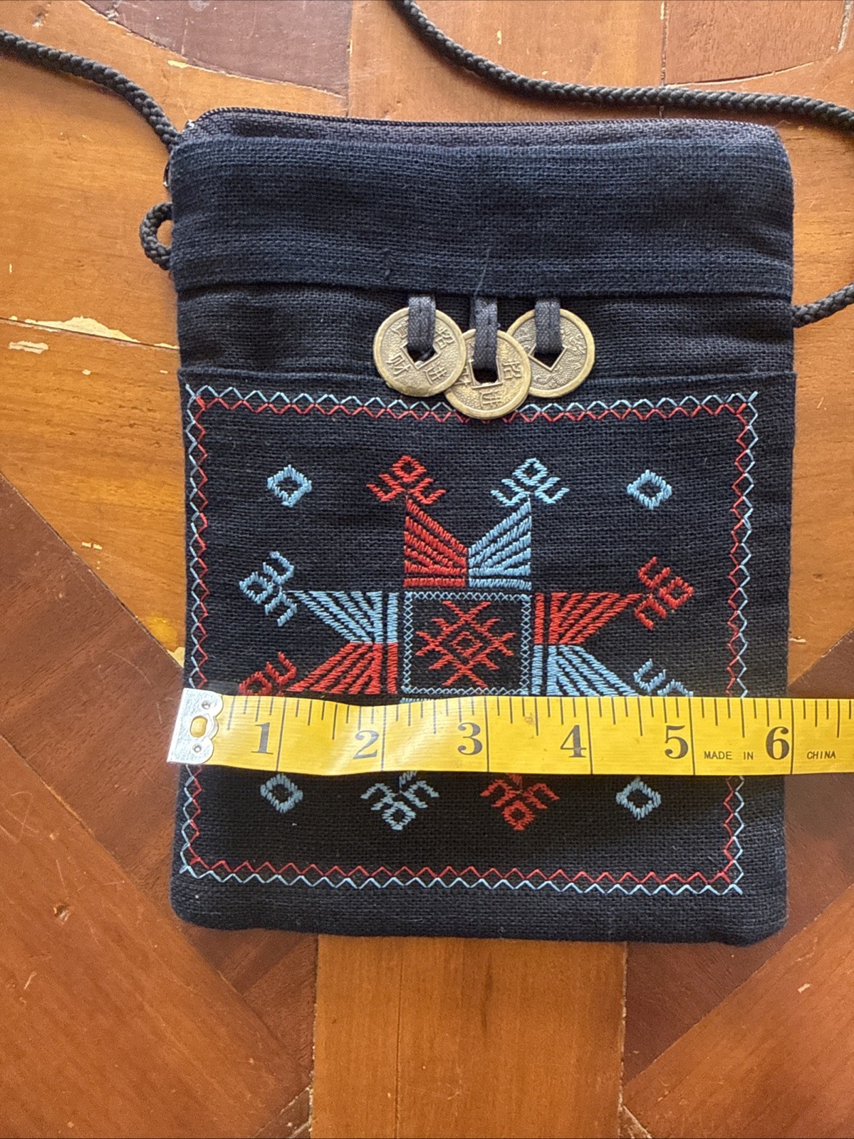 Embroidered Geometric Shoulder Bag Coin Accents Zip Closure Black Red Blue