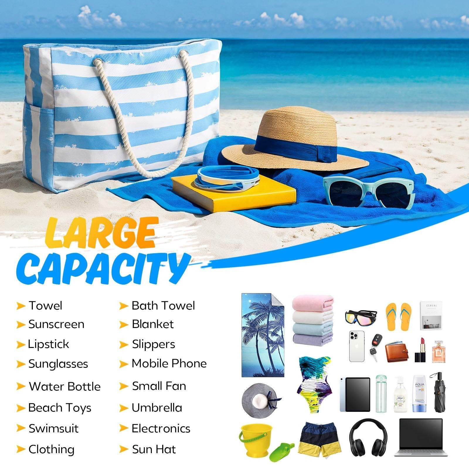 Large Beach Bag for Women & Men Beach Bags Waterproof Sandproof Travel Tote Bag