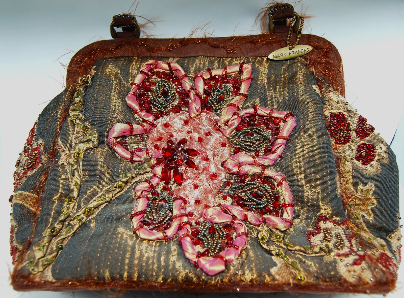 Large Mary Frances handbag of green silk, burgundy trim, lots of beads, rare!