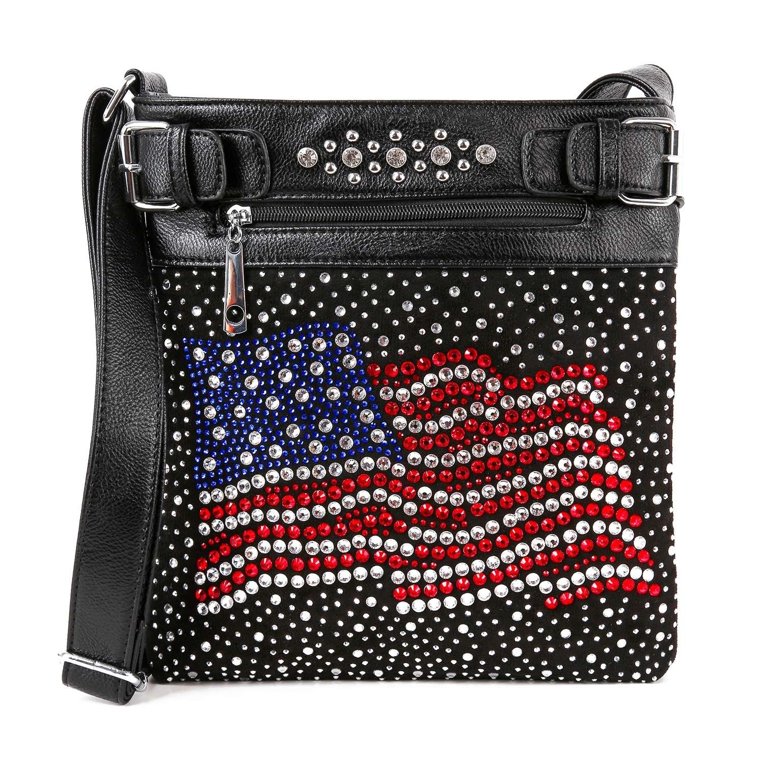 Rhinestone American Flag Crossbody Bag Women Patriotic Bling Faux Leather Purse