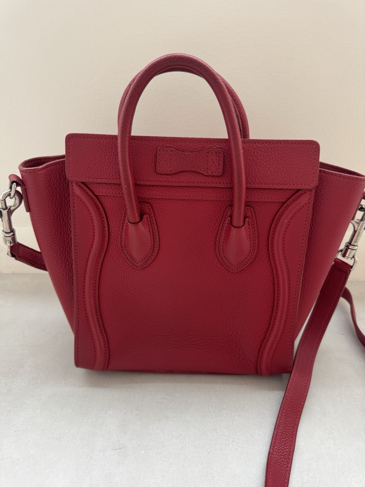 Authenic Céline Mini Luggage Tote Bright Red Grained Calfskin