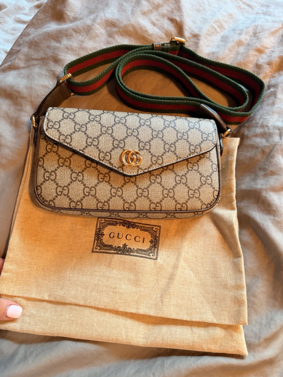 Gucci GG Pattern Crossbody Bag Beige/Brown Green-Red Web Strap Gold,Dust bag box