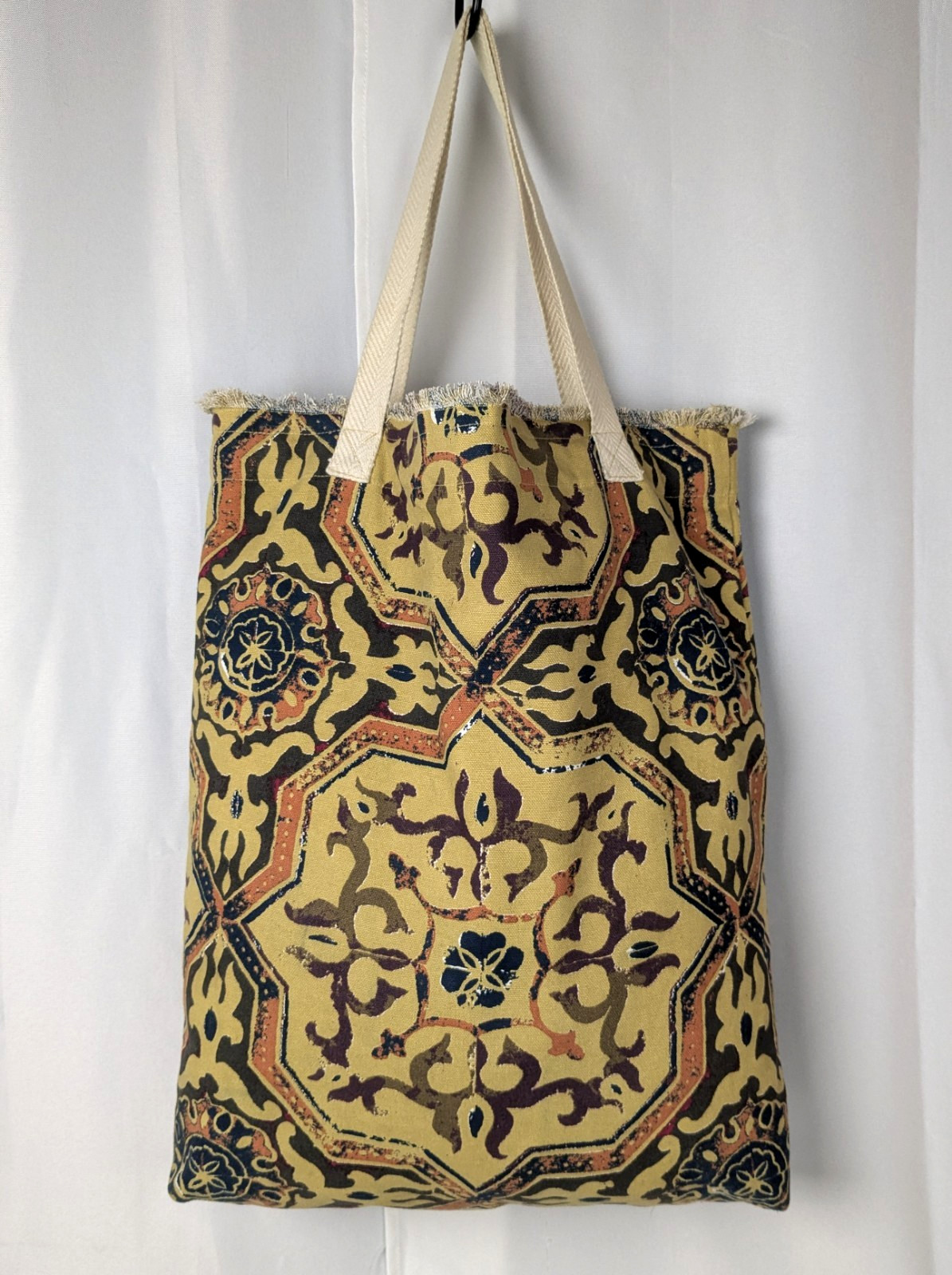 World Market Artsy Large Boho Weekender Tote Bag Raw Edge Fringe Neutral Ethnic