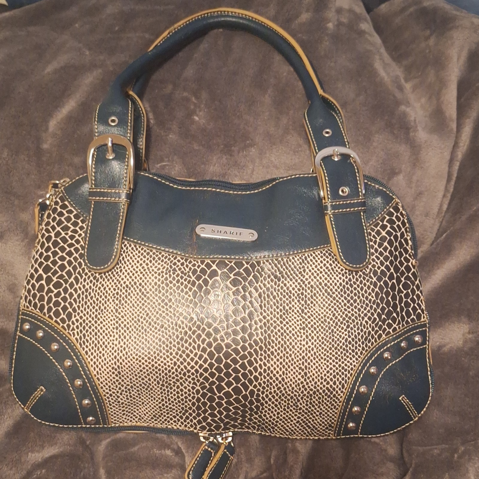 Sharif Snake Print Satchel Top Handle Handbag Beige/Blue Double Handle Silver