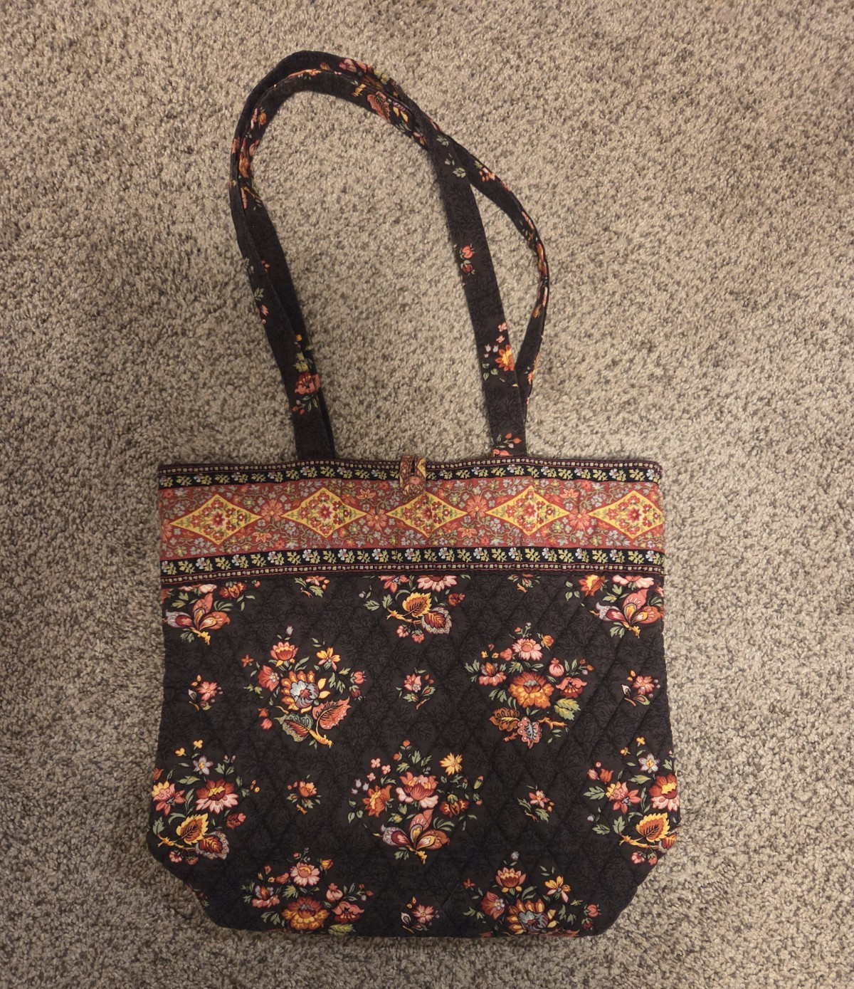 Vera Bradley Quilted Floral Tote Bag Black Red Orange Shoulder Purse 13″