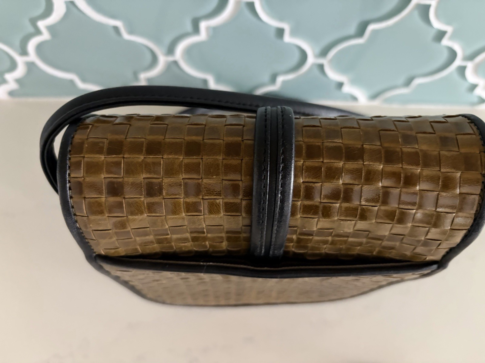 Dokkim Cross Body Bag BLK Leather & Brown Woven Leather, Long Strap