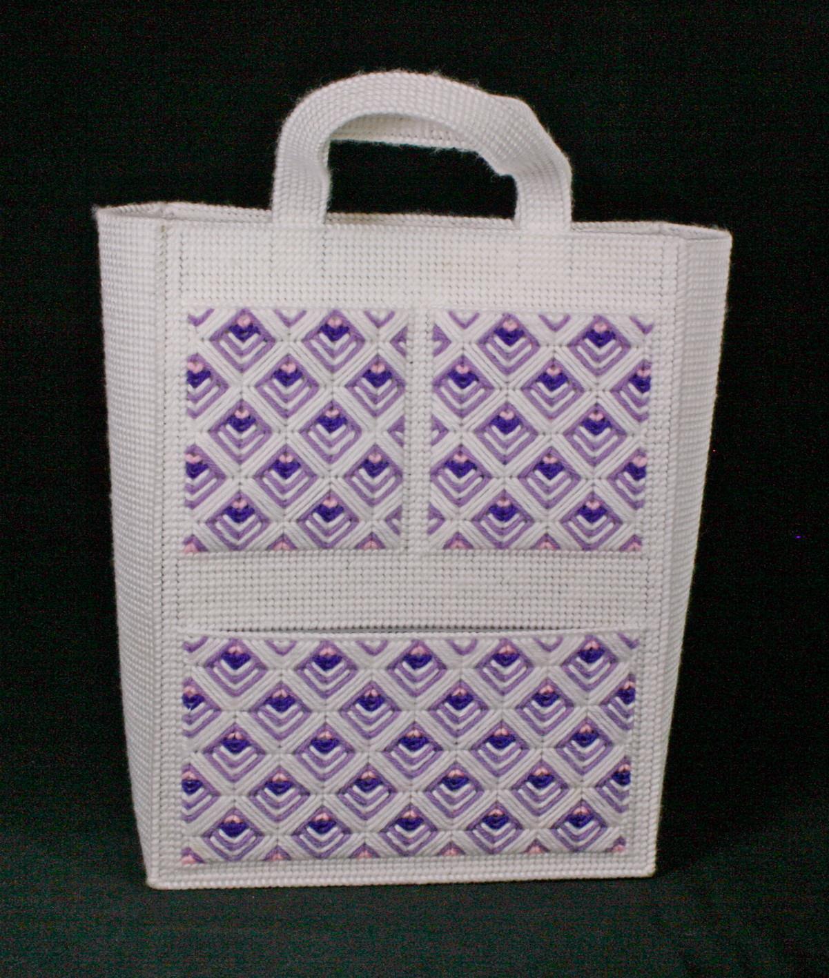 Hand-Crafted Purple Pink And White Plastic Canvas Needlepoint Tote With Pockets