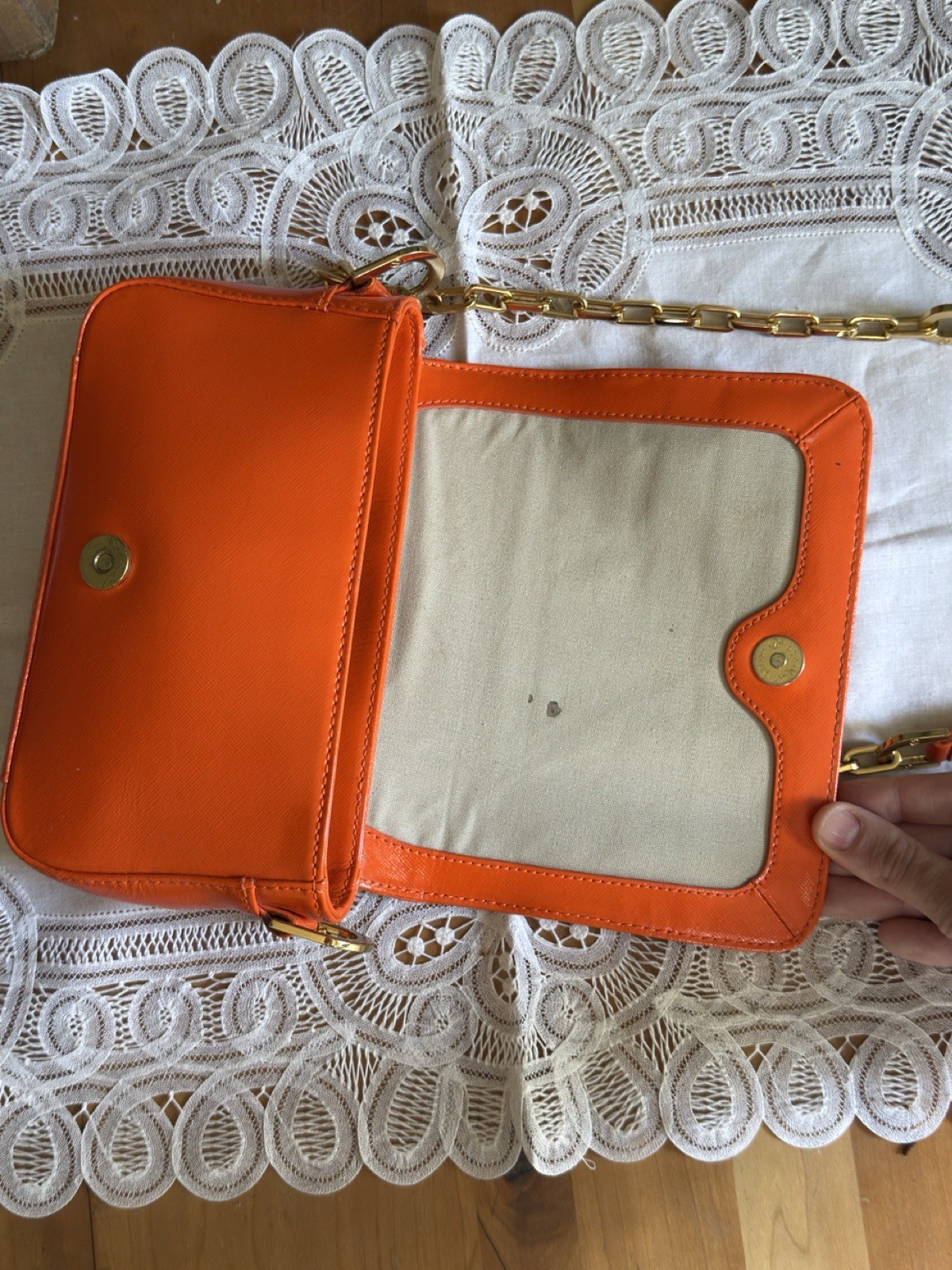 Tory Burch Orange Small Flap Shoulder Bag Snap Closure Gold Chain Logo Lined