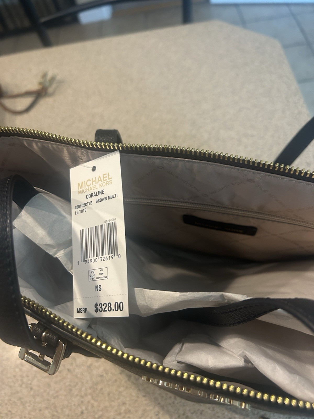 Michael Kors Signature Monogram Tote Brown/Black Zip Hang Tag Gold HW Pockets