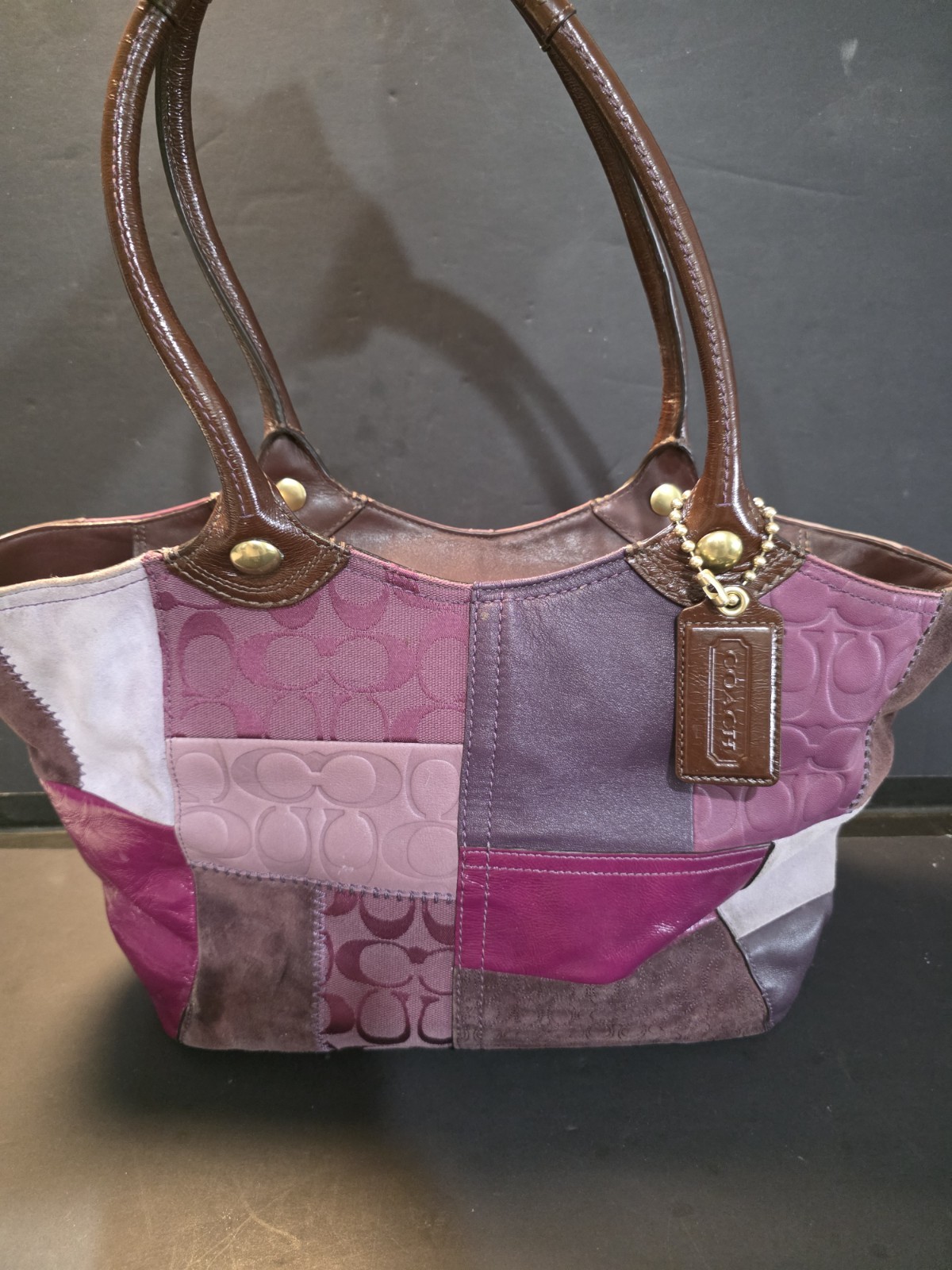 Coach Patchwork Gallery Tote Bag Purple Plum Suede Leather Canvas F14045