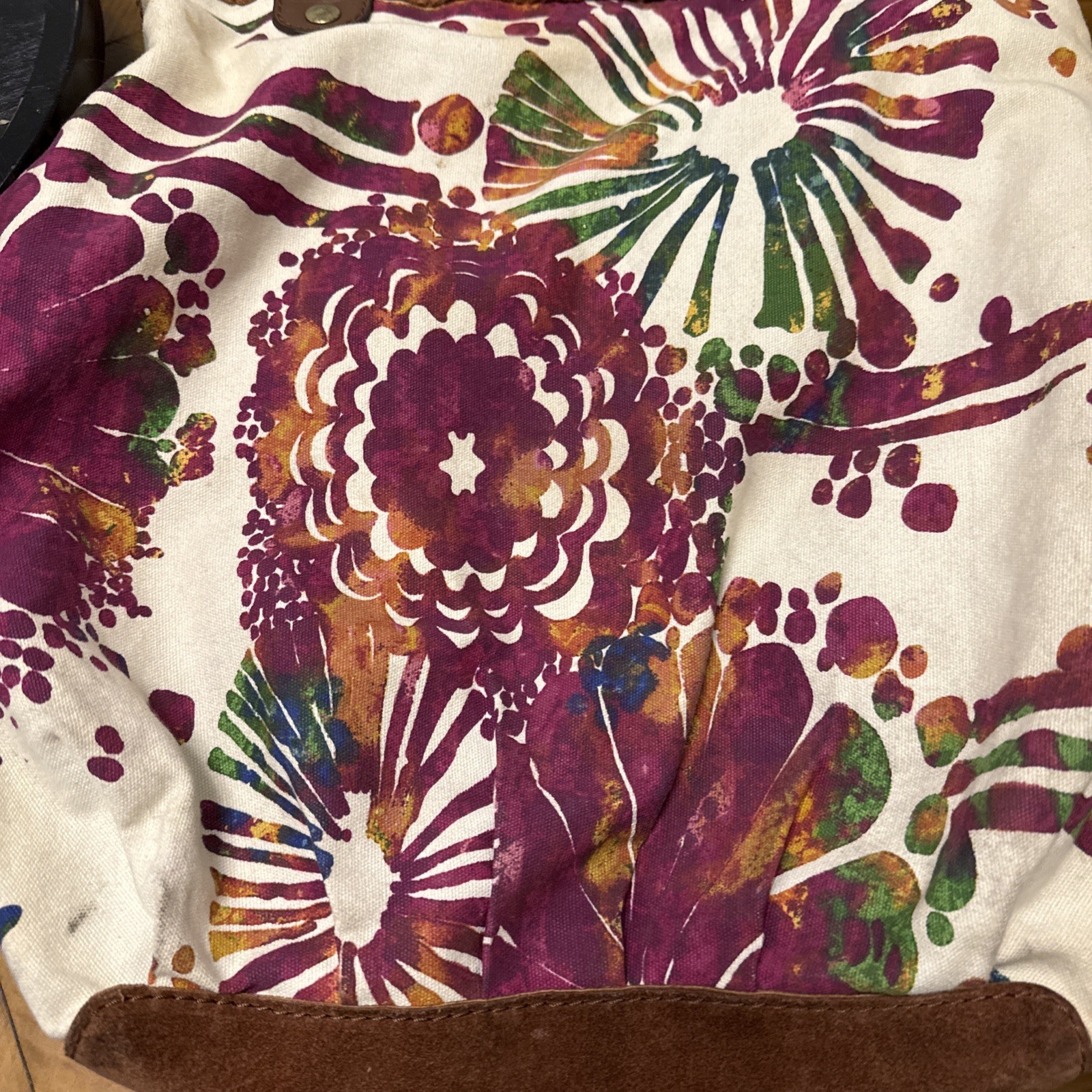 Lucky Brand Bucket Shoulder Bag Crossbody Canvas Suede Floral Boho XL Y2K
