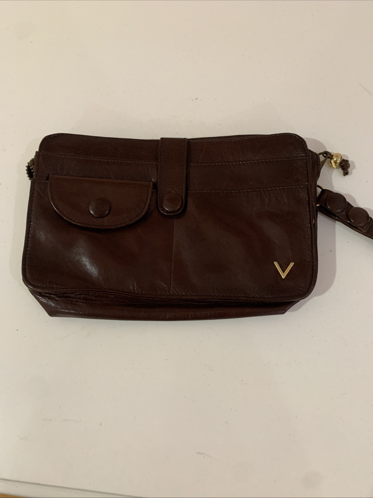 VINTAGE AUTHENTIC MARIO VALENTINO BROWN LEATHER GOLD V WRISTLET CLUTCH ITALY